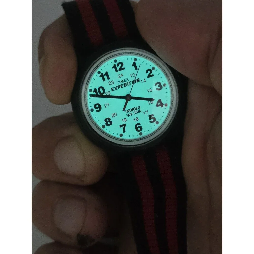 Timex Expedition Camper Indiglo 33mm Watch White Dial. Red-Black NATO strap.